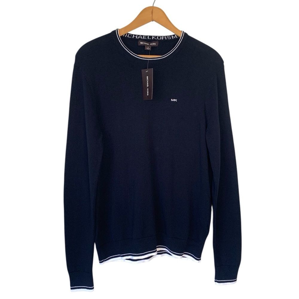 Michael Kors 100% Cotton Midnight Blue Fine Knit Crew Neck Pullover Sweater NWT